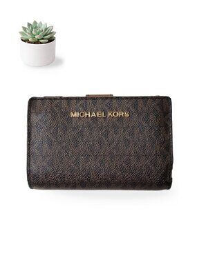 Michael Kors Jet Set Bifold Zip Coin Wallet Brown MK Signature Gold Hardware